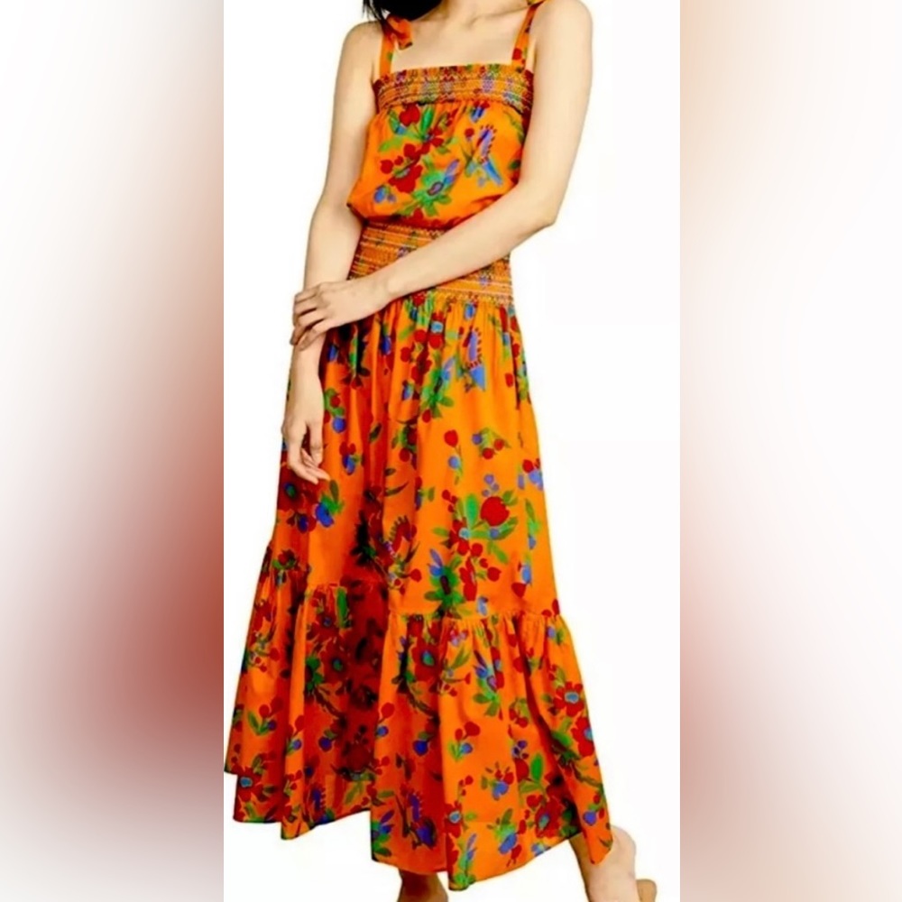 🎉HP🎉New! Tory Burch Orange Multi Toucan Tropical Smocked Dress Size L $448🌿🧡 - Picture 10 of 16